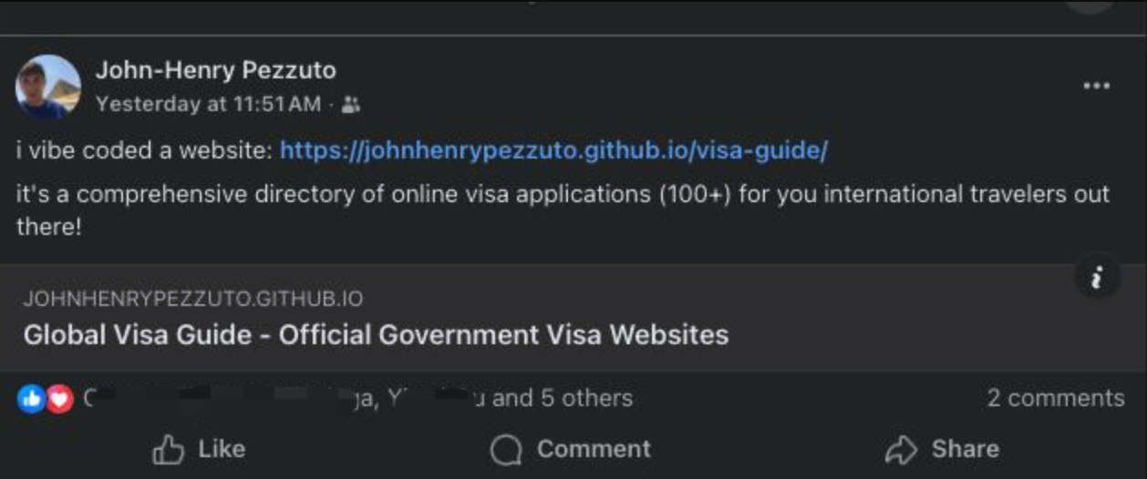 John-Henry's Facebook Post about his Visa Guide