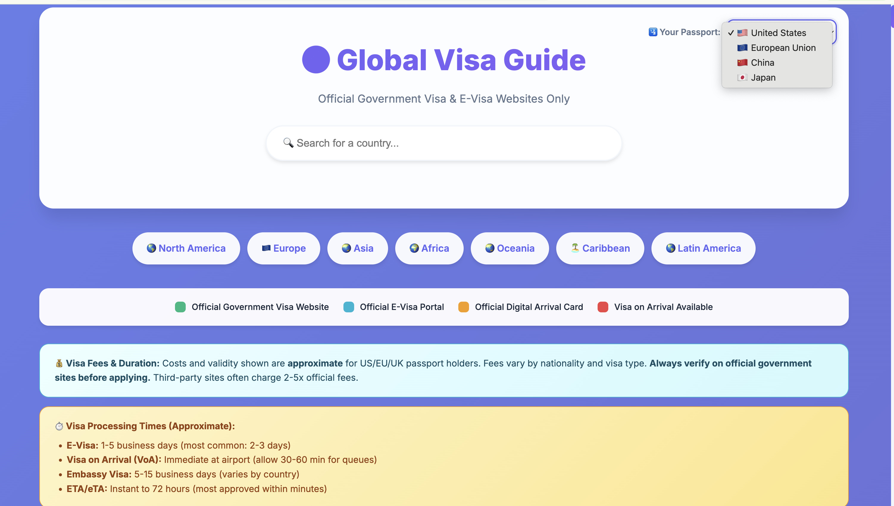 John-Henry's Visa Guide Website - Dynamic Nationality View
