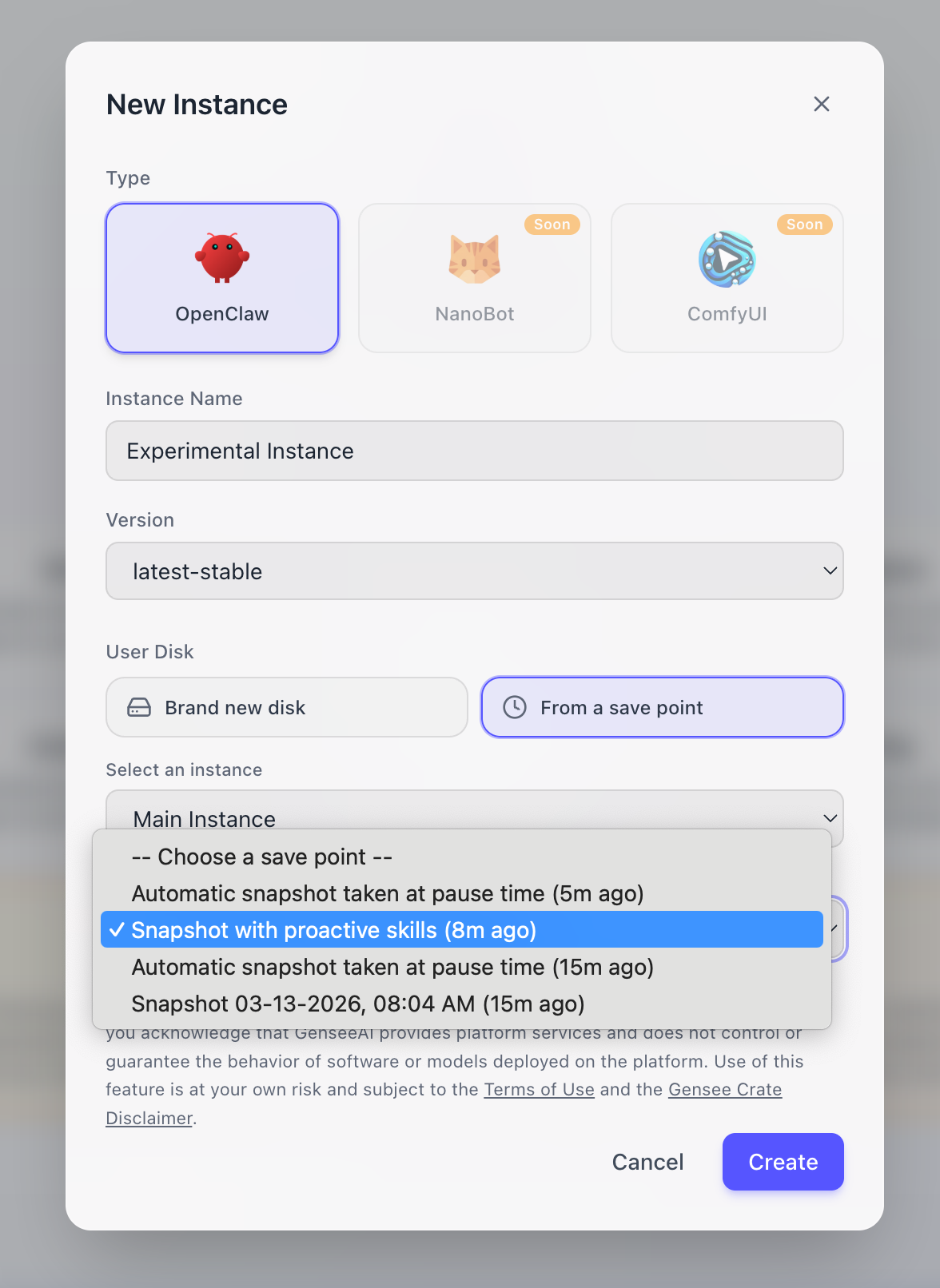 Create new instance dialog showing option to create from snapshot