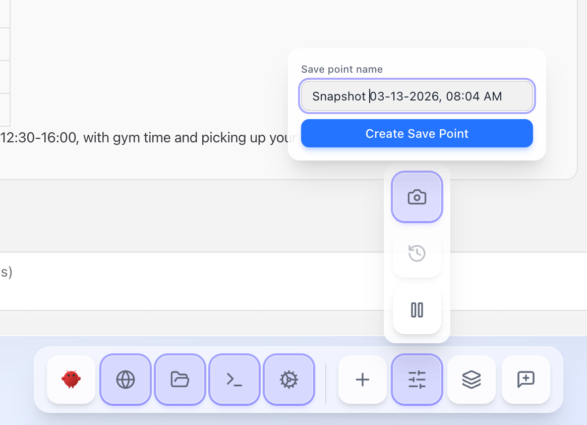 Create a snapshot dialog showing the snapshot name input and create button