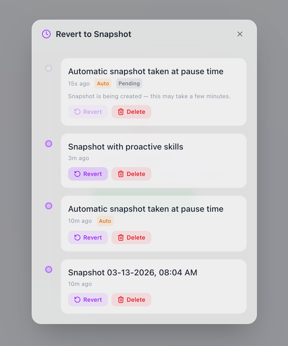 Rollback dialog showing list of snapshots to restore from