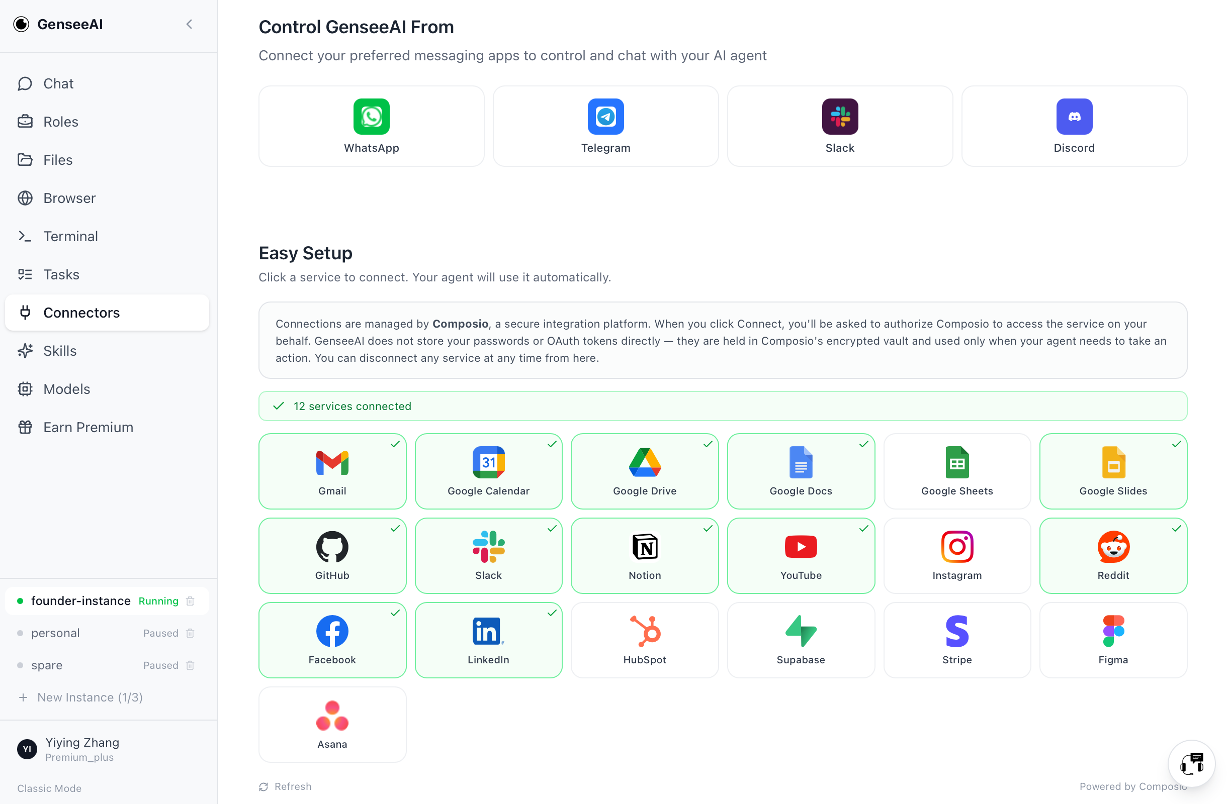 Connectors tab with Gmail, GitHub, Slack integrations