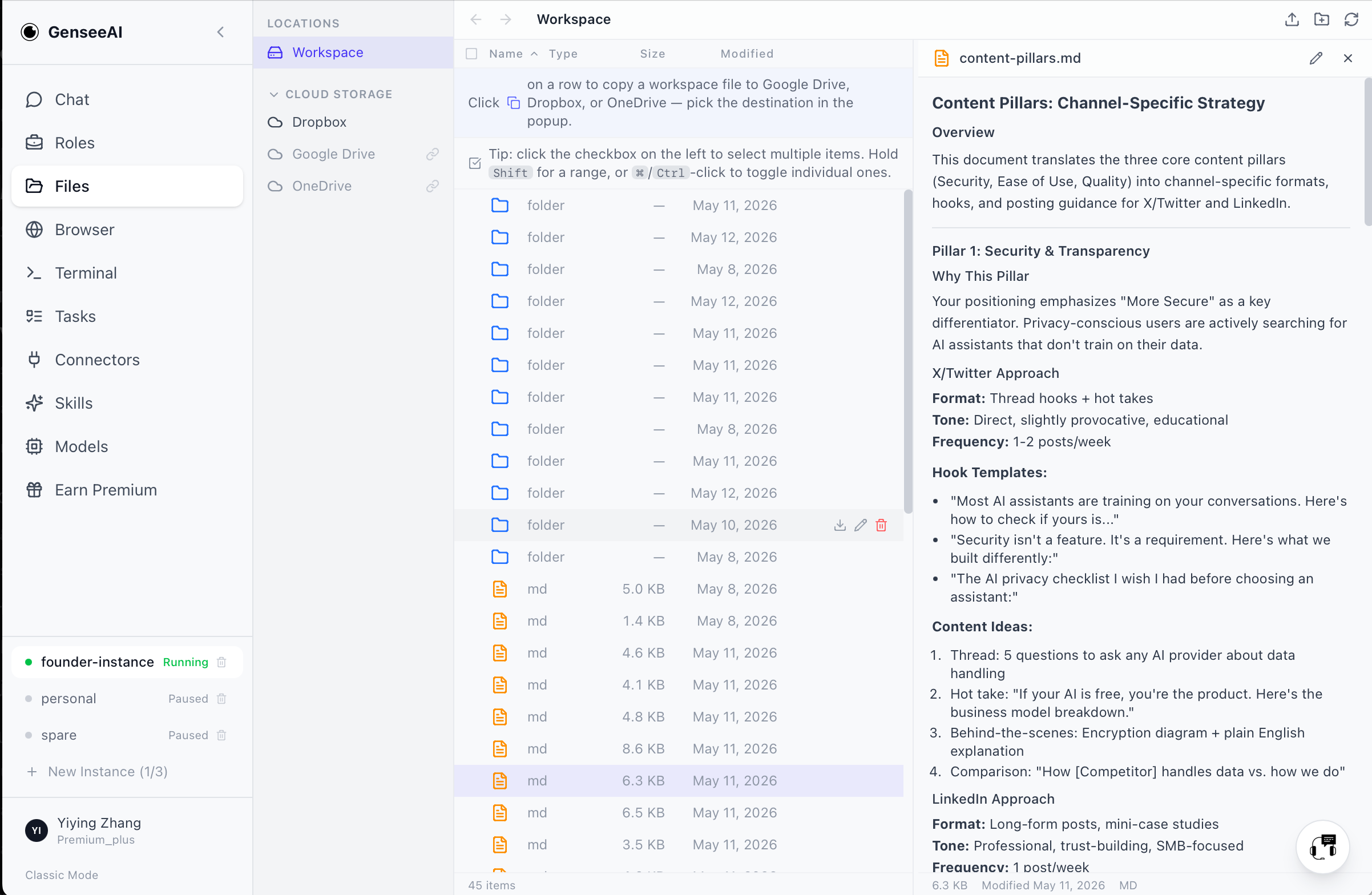 File manager with workspace files