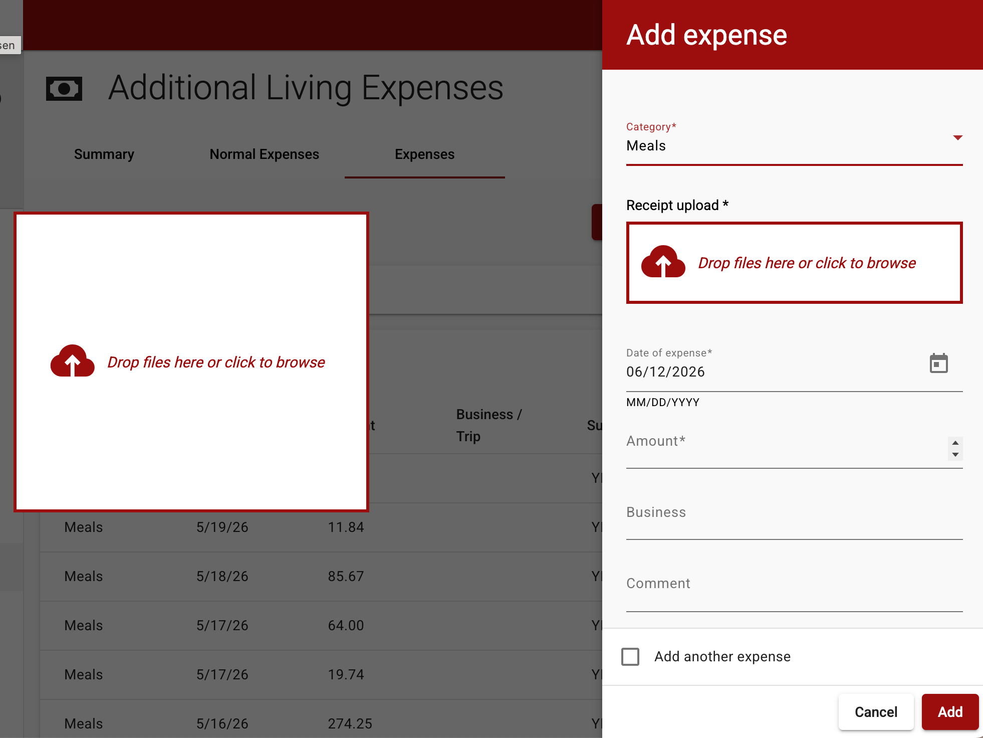 The ClaimXperience Add Expense form for an ALE claim — Category set to Meals, receipt upload drop zone, Date in MM/DD/YYYY, Amount, and the Add another expense checkbox