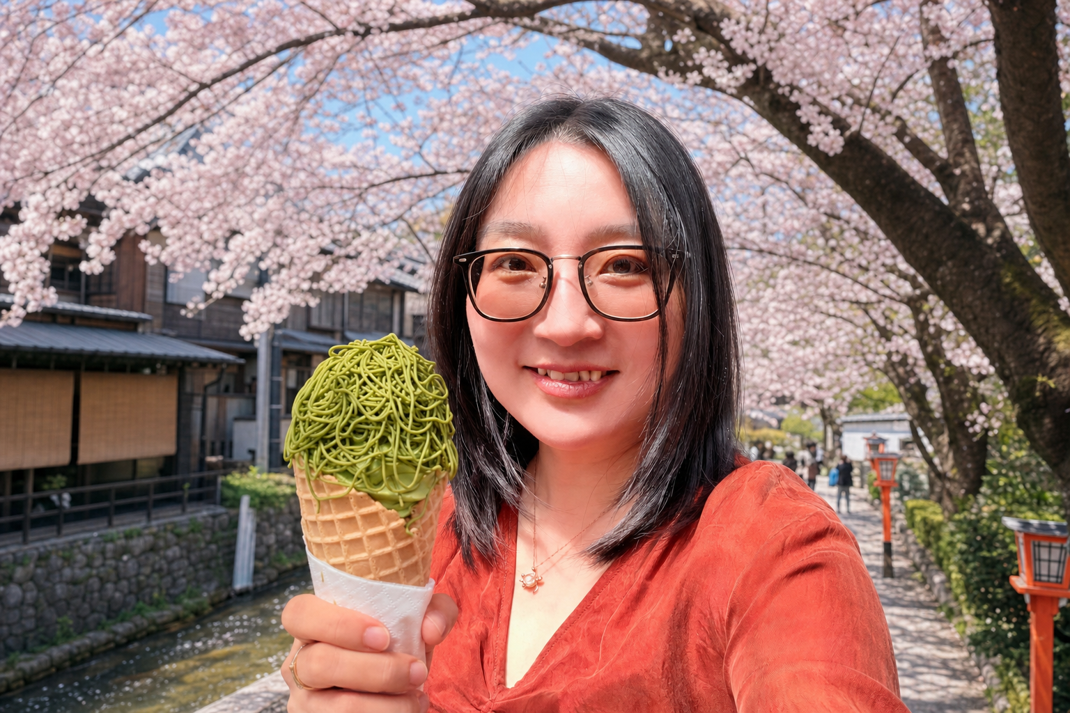 Selfie with the background changed to a Japan cherry blossom landscape