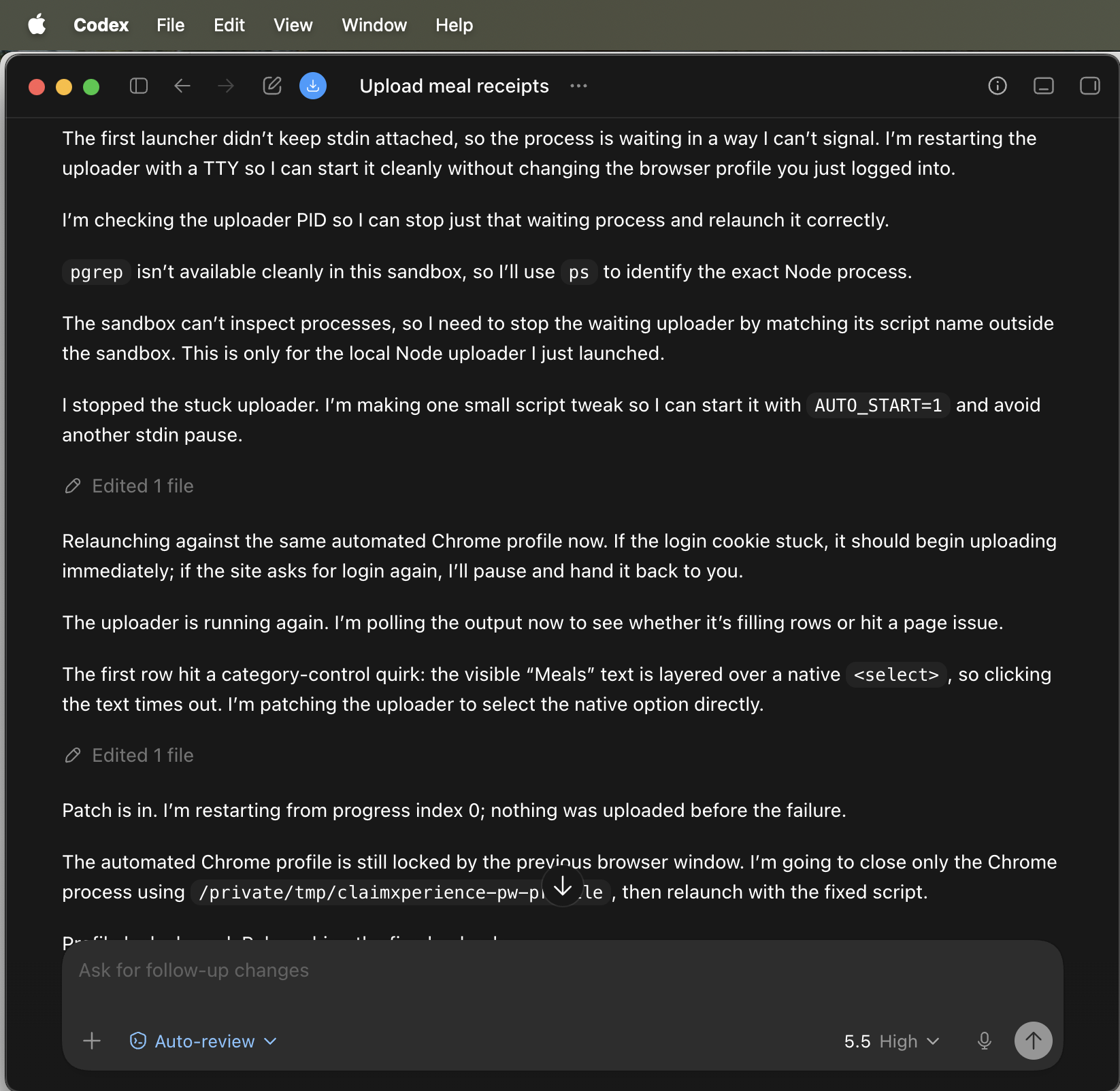 Codex Desktop running locally and getting stuck while trying to automate the ClaimXperience portal — the browser is hijacked and the file upload never completes