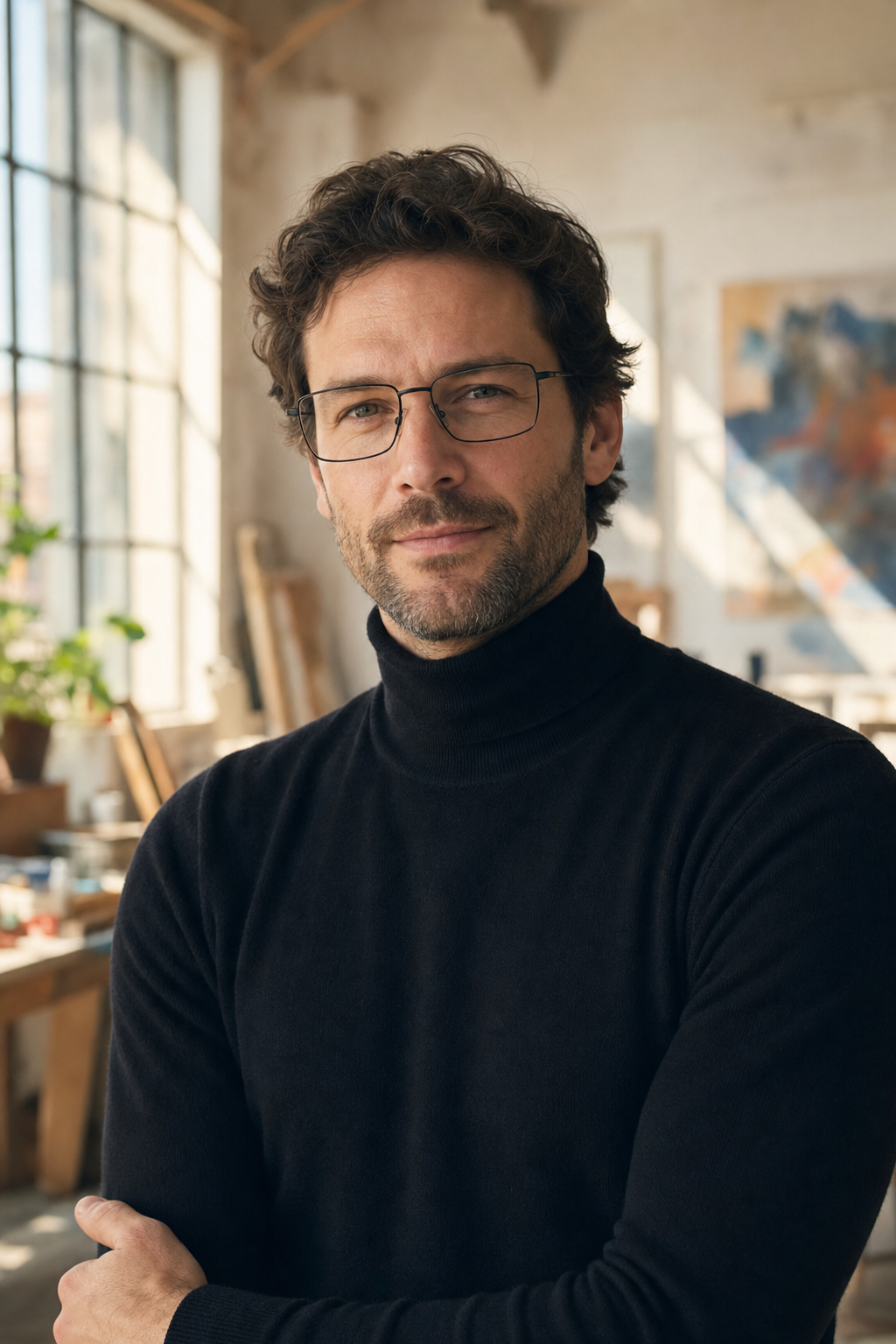Realistic virtual try-on result generated in GenseeAI showing the portrait wearing the uploaded glasses