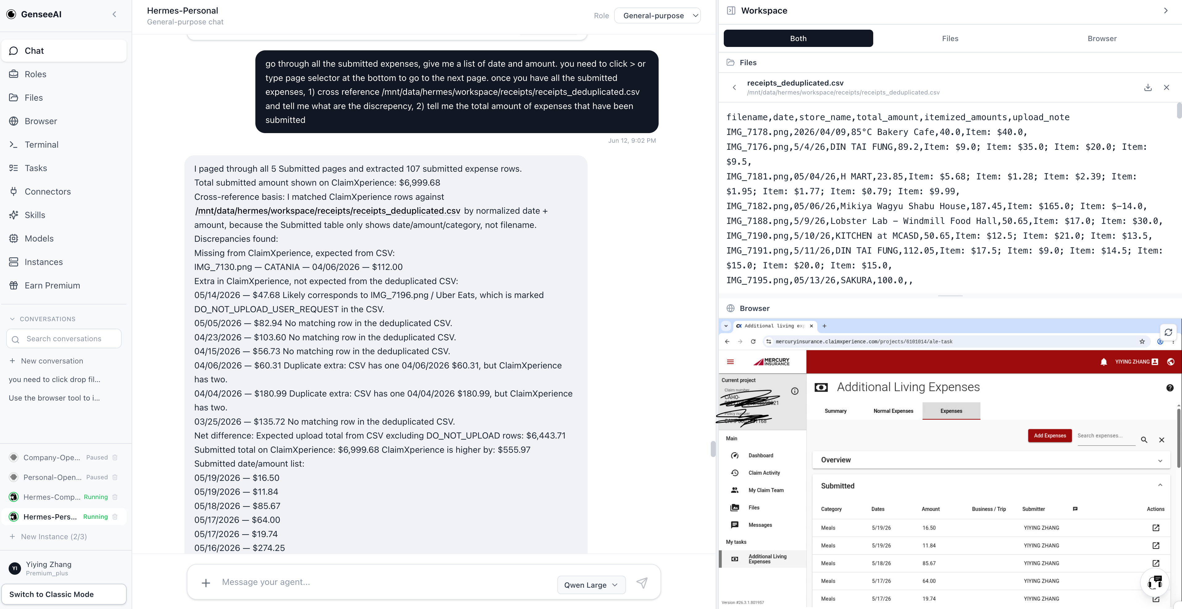 GenseeAI's Hermes Agent workspace showing the deduplicated receipt CSV cross-referenced against 107 submitted ClaimXperience rows, surfacing the missing Catania receipt and several unexpected extra rows