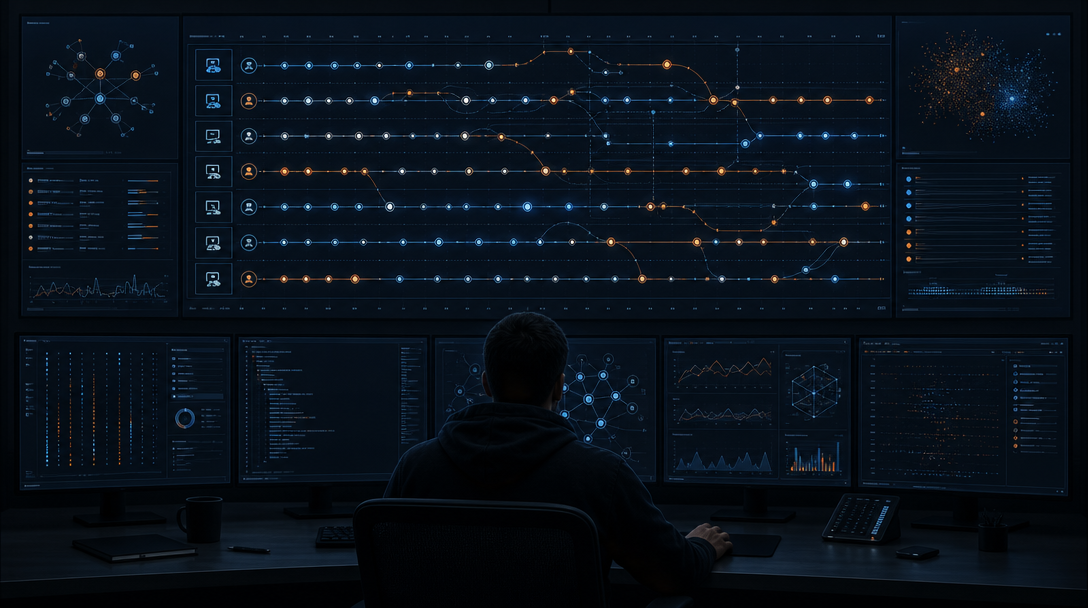 Security engineer monitoring interconnected AI coding agent session timelines in a control room