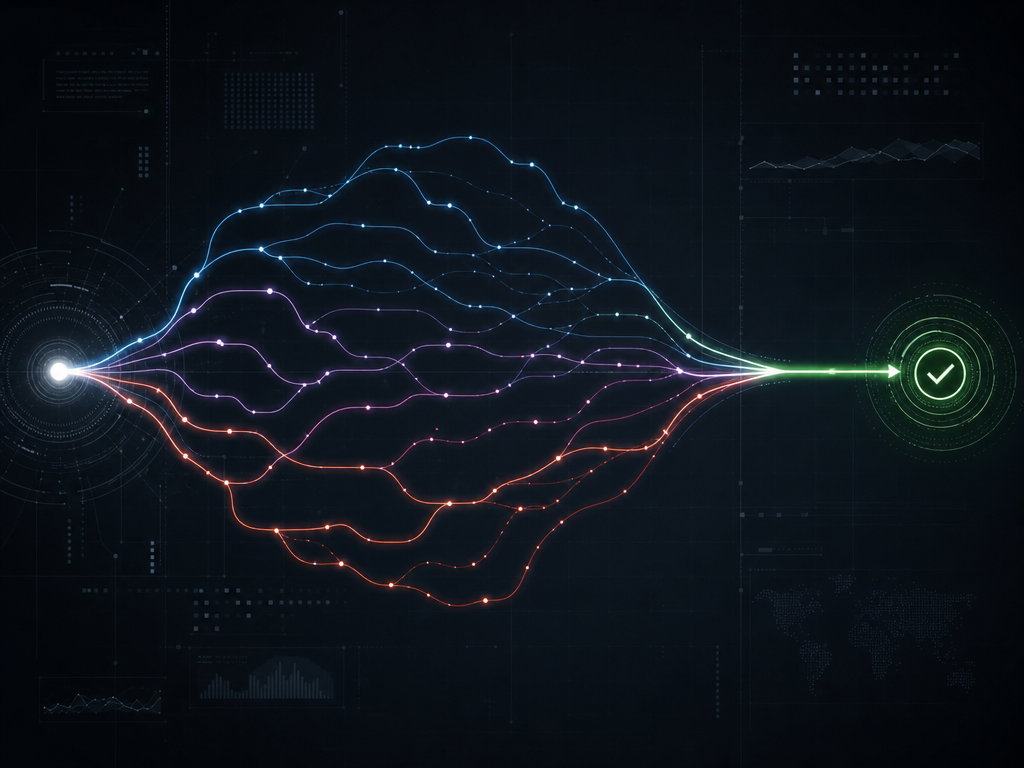 Branching and merging pathways representing isolated agent workspaces converging into a single approved path