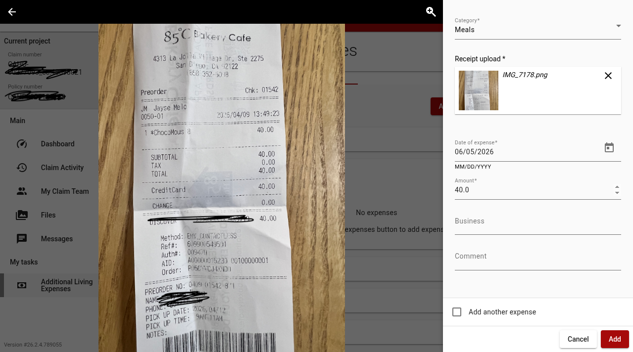 A meal receipt photo dropped into the ClaimXperience Add Expense upload area by GenseeAI's Hermes Agent, with the date and amount fields populated from vision extraction