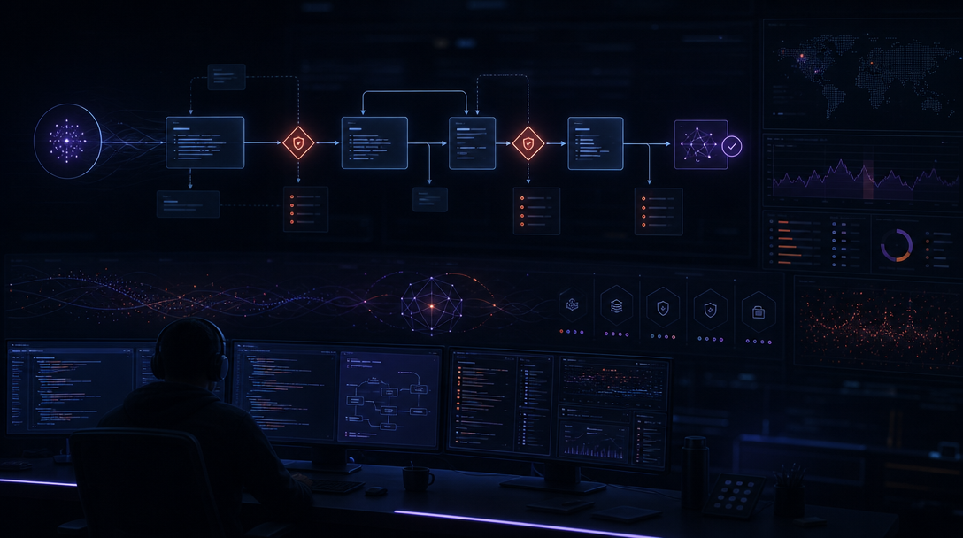 Dark security-operations dashboard visualizing an AI coding agent session flow with runtime policy checkpoints and risk telemetry