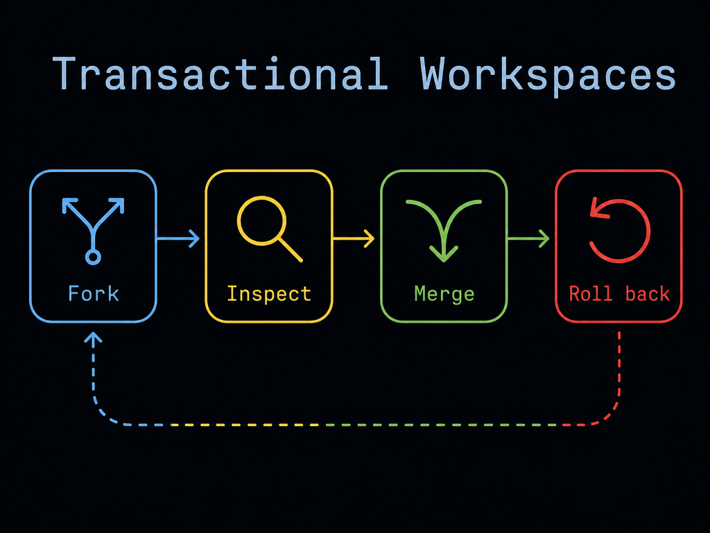Flow diagram of a transactional AI agent workspace showing fork, inspect, merge, and rollback stages