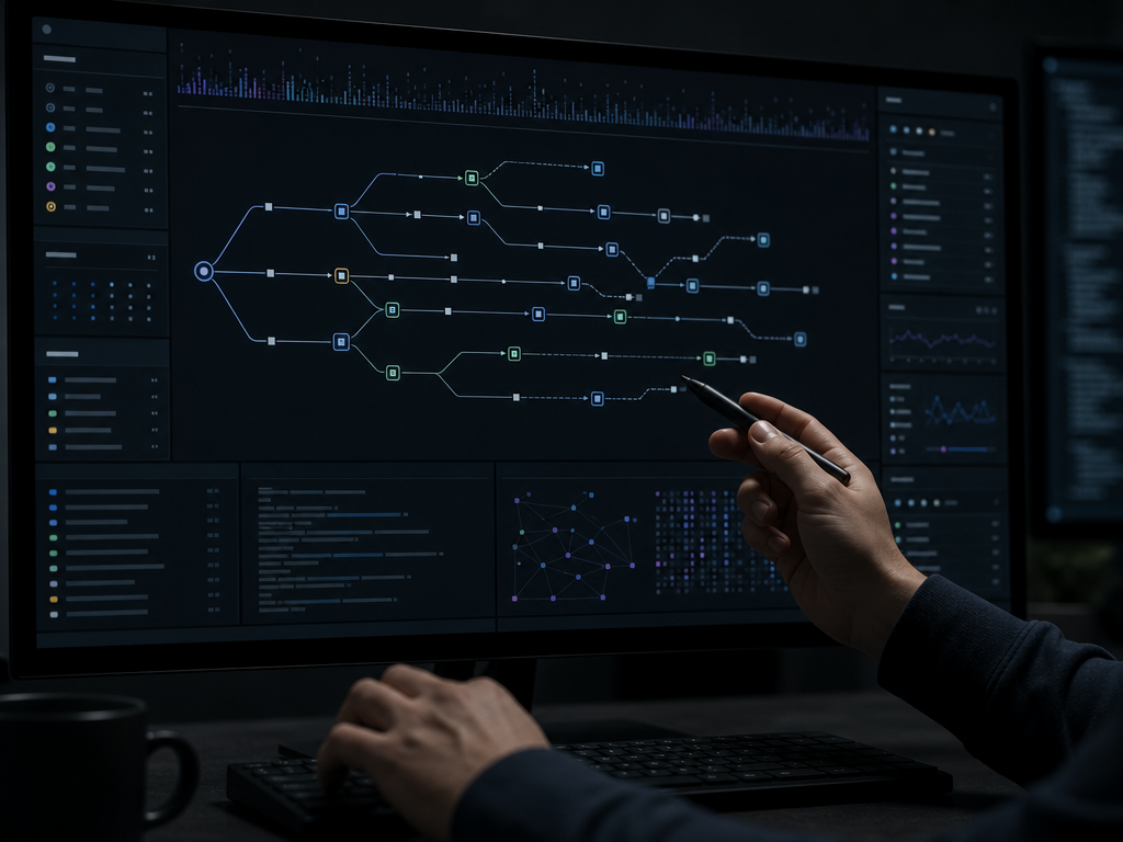 Security engineer reviewing multi-step AI coding agent activity on a dashboard showing session timelines