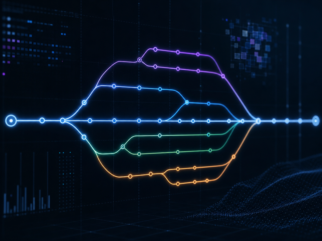 Fork, merge, and rollback branches representing a transactional workspace protecting an AI coding session