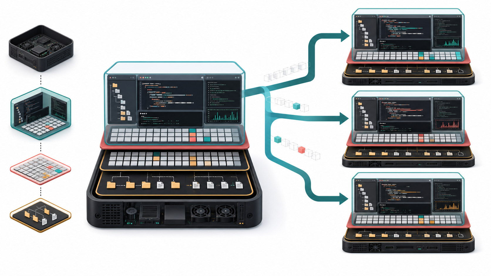 One live Linux coding workspace branching into three isolated workspaces that share unchanged process, memory, and file state while keeping divergent changes private