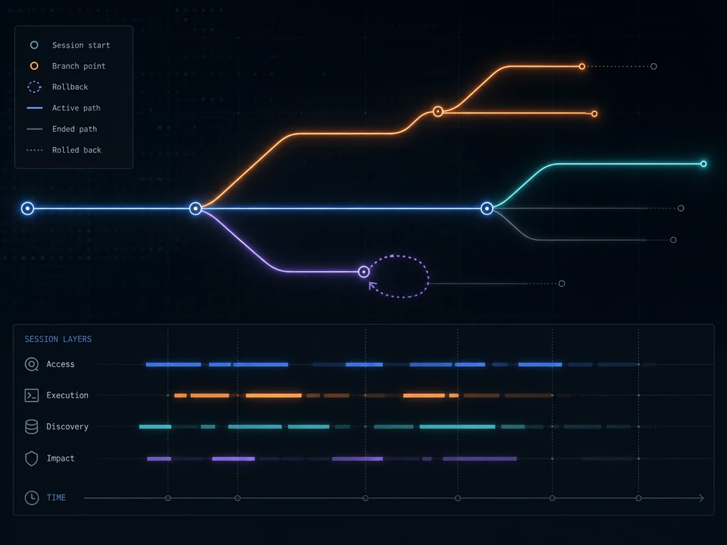 Branching timeline representing forked and rolled-back AI agent work sessions