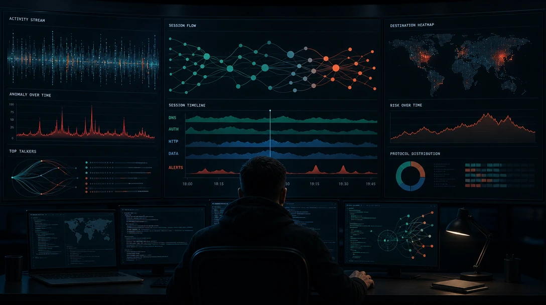 Security engineer monitoring AI agent activity streams in a SOC environment