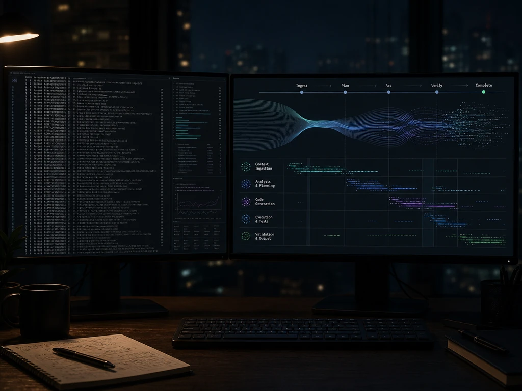 A developer's dual monitor setup showing a terminal running an AI coding agent alongside abstract activity-stream visualizations, in a dim office at night