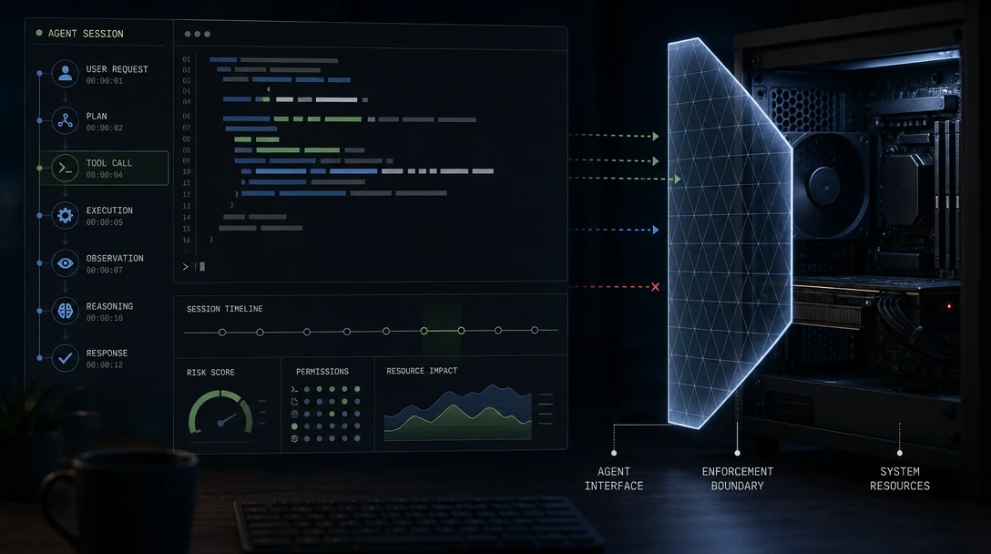 Runtime policy enforcement layer mediating an AI coding agent session on a developer workstation
