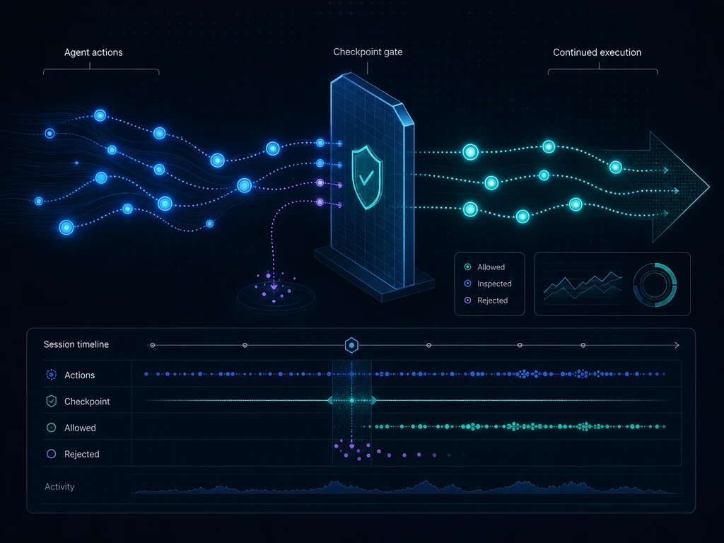 Abstract flow of an AI coding agent's actions being inspected and evaluated by a policy layer before continuing