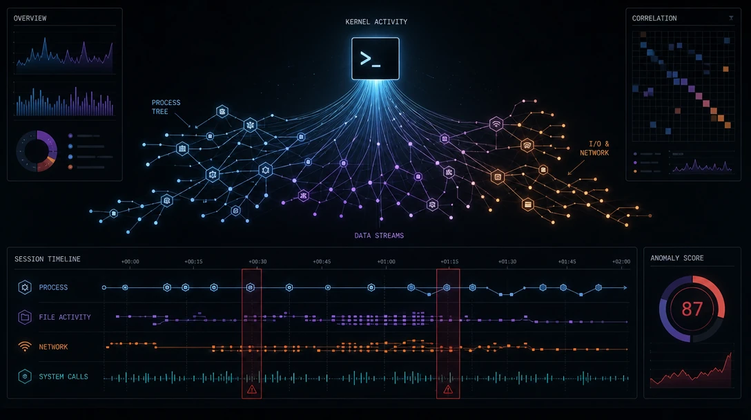 Abstract network of process nodes representing AI agent runtime tracing