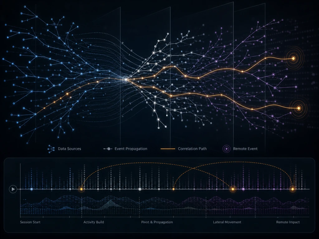 Abstract visualization of interconnected process nodes and data flows representing kernel-level tracing