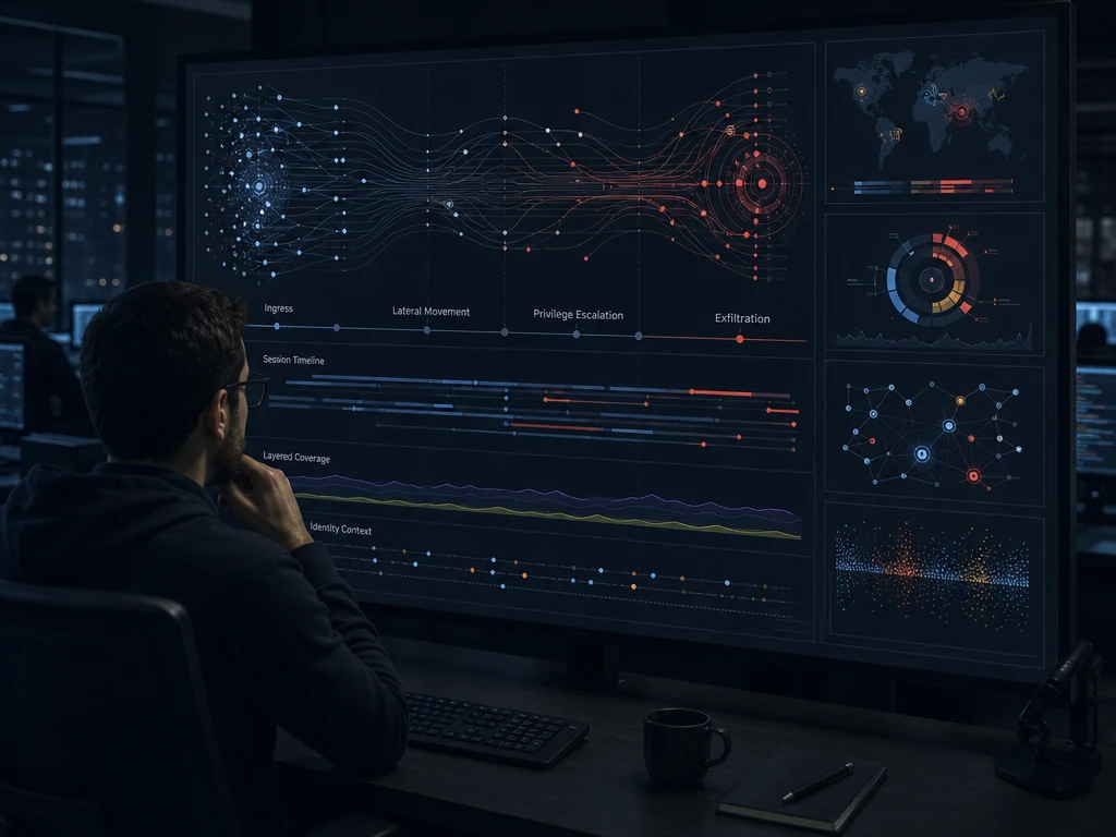 Security engineer reviewing correlated process and network activity on a monitoring dashboard in an office setting
