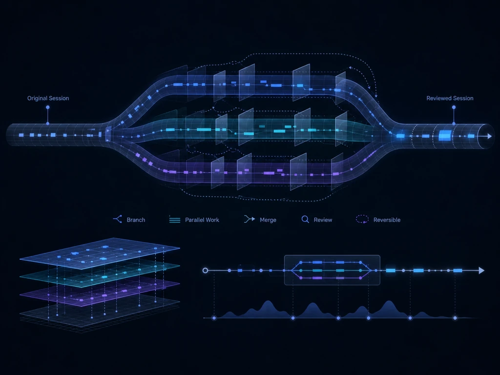 Abstract visualization of forked, branching agent workspaces merging back into a single reviewed timeline