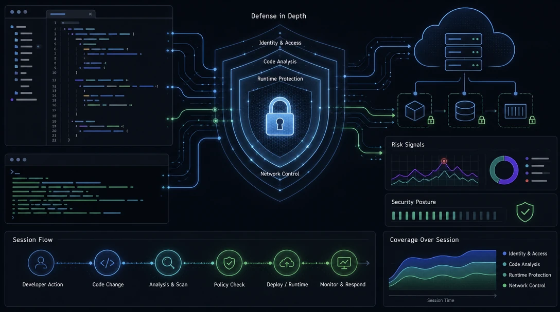 Layered security shield protecting a software development environment, representing an AI coding agent evaluation framework