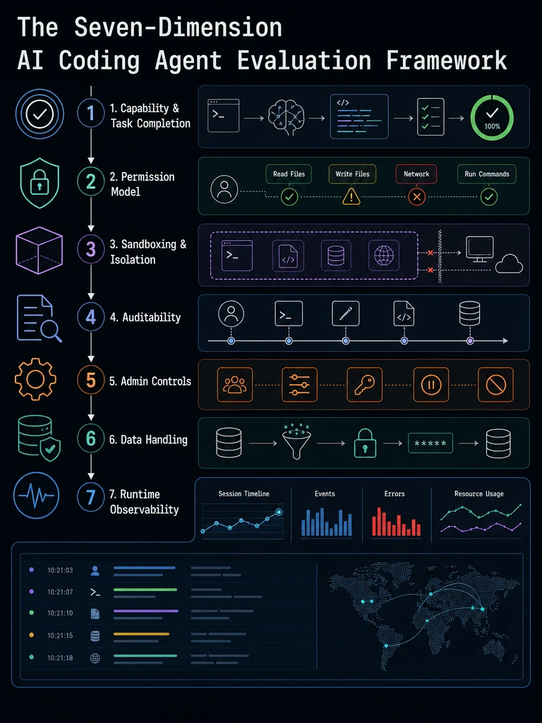 Numbered flow diagram of the seven-dimension AI coding agent evaluation framework
