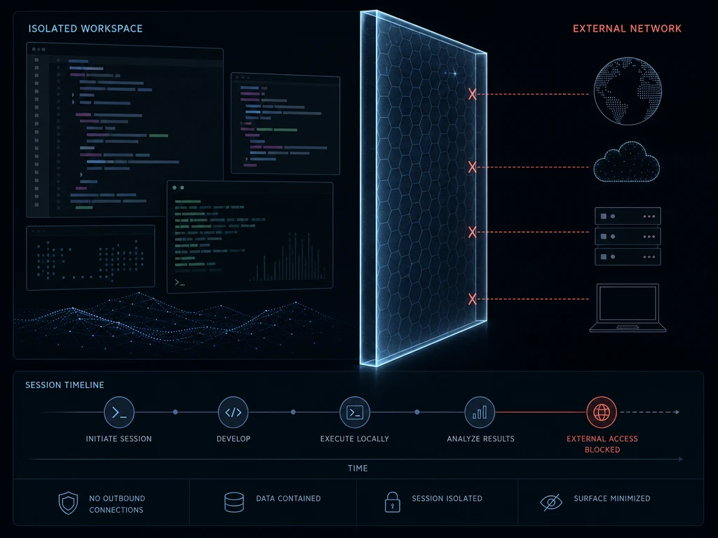 Software workspace shown behind a translucent isolation boundary separating code processes from external network connections