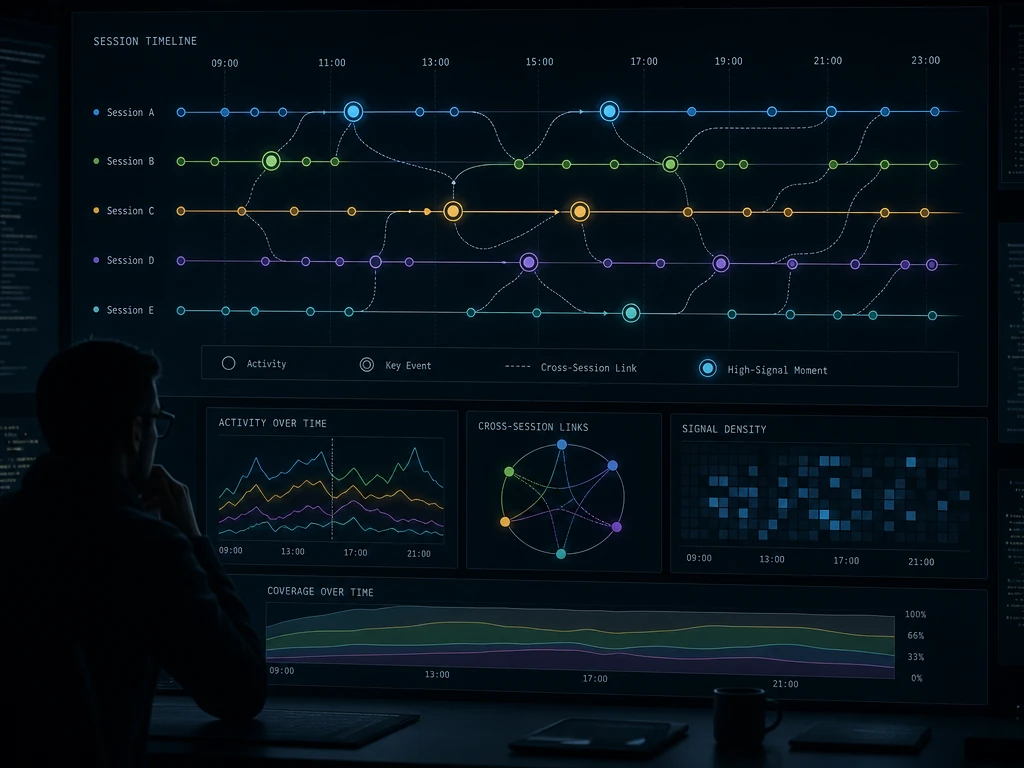 Security analyst reviewing a glowing timeline of linked events across multiple software development sessions