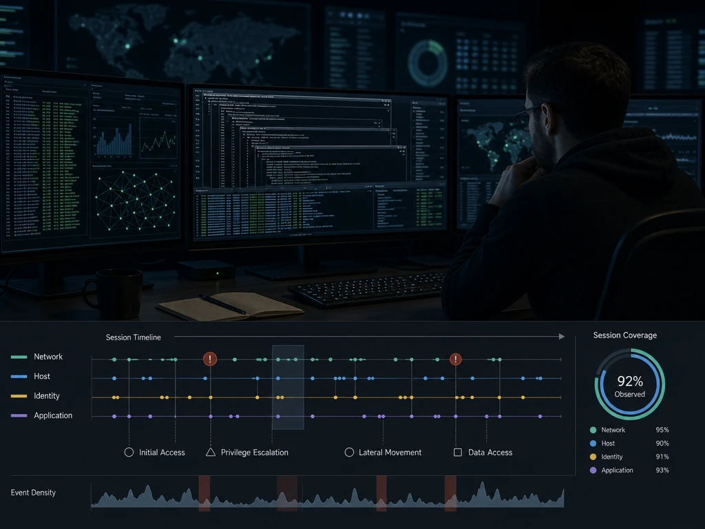 A security engineer reviewing layered terminal windows and log streams in a dim operations room, focused expression, monitors showing abstract data visualizations