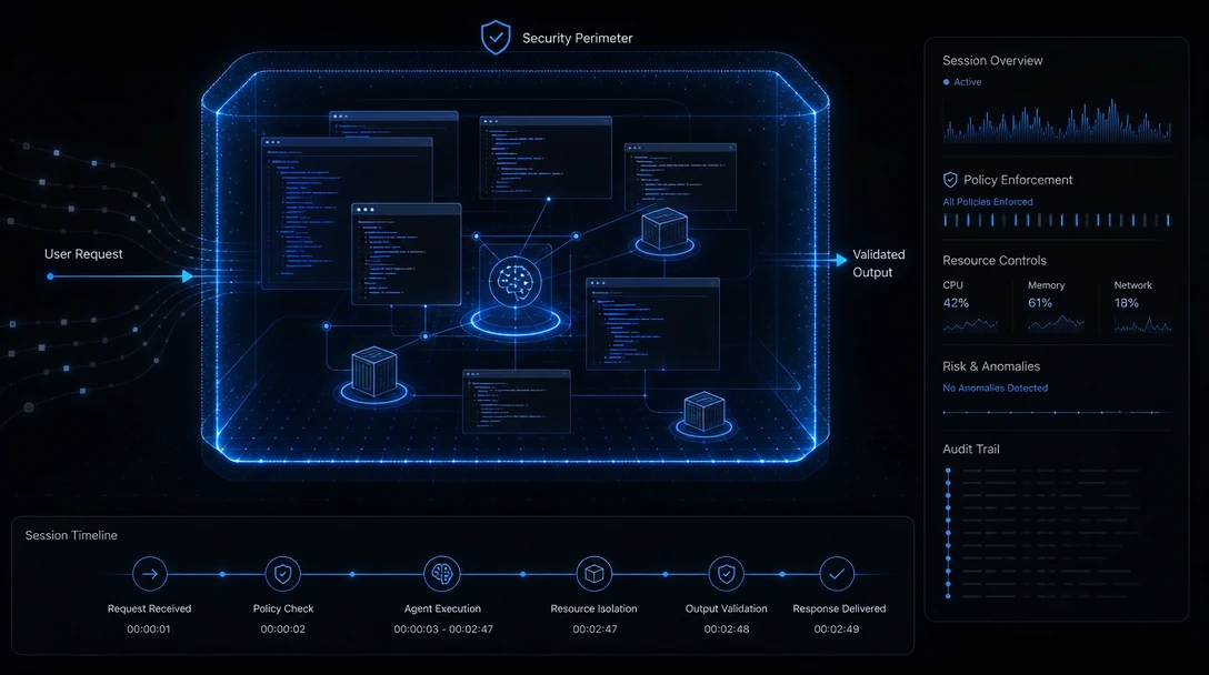 Abstract visualization of a Claude Code agent session contained within a security perimeter