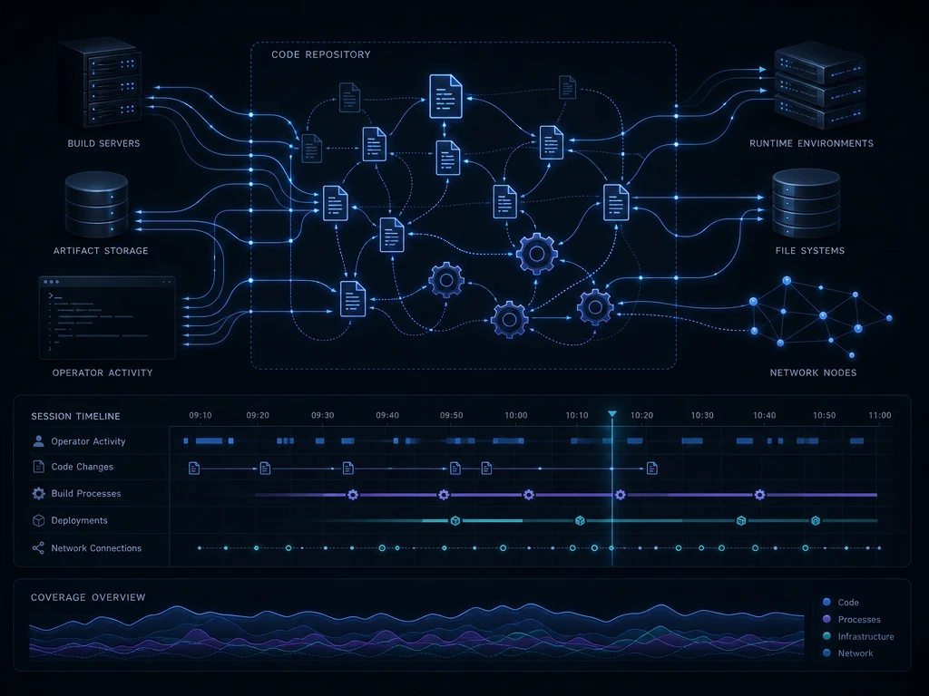 Abstract visualization of an AI coding agent's actions extending beyond a code repository into live systems