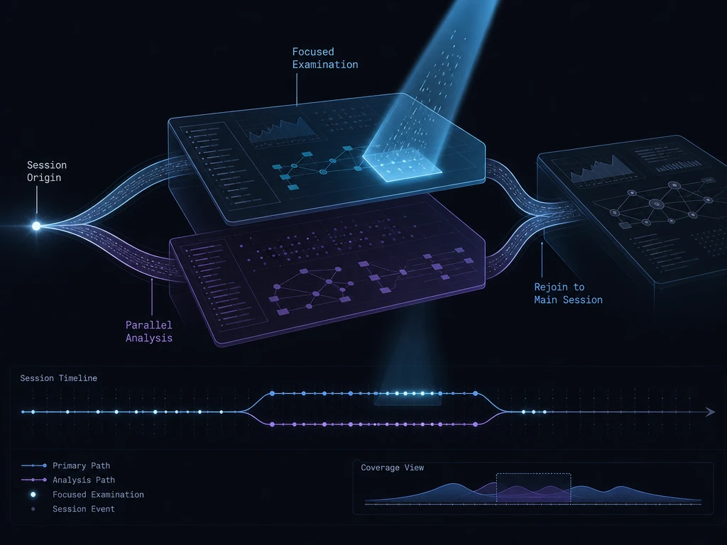 Conceptual image of a forked digital workspace being inspected before merging back into a main system