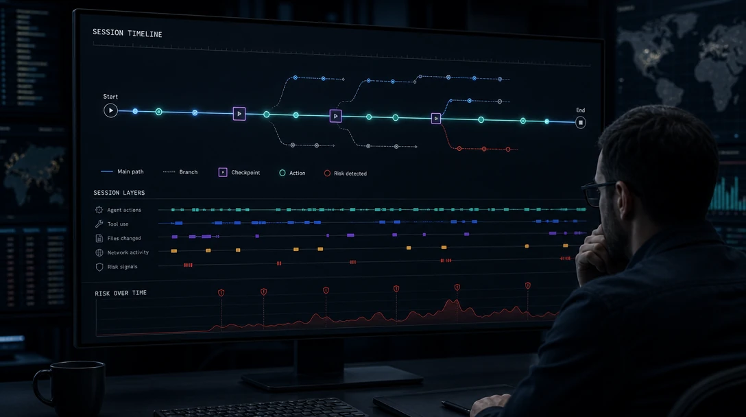 Security engineer reviewing a branching timeline of an AI coding agent session for runtime security risks