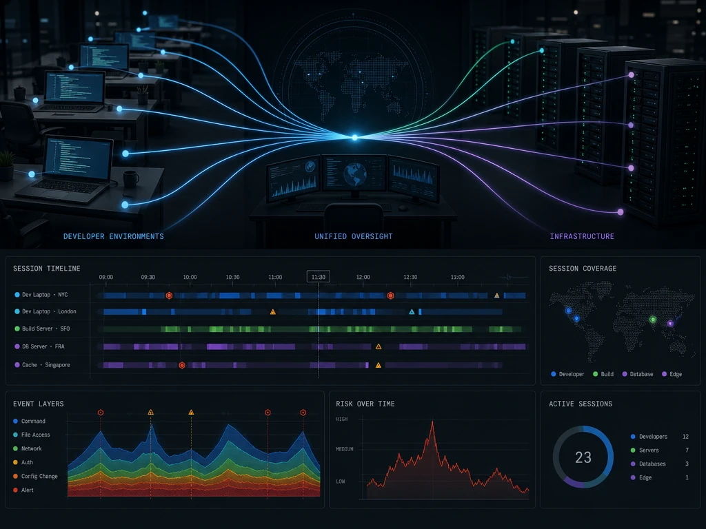Rows of developer workstations and servers connected by glowing translucent threads converging on a central monitoring point