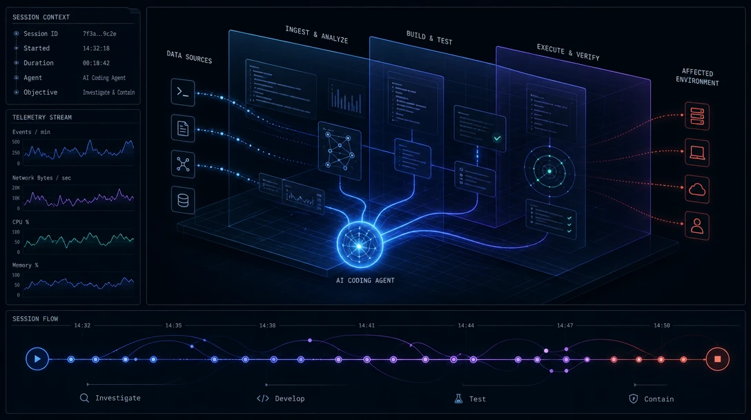 Abstract glowing AI agent node executing tasks across a segmented, layered digital workspace representing enterprise AI security