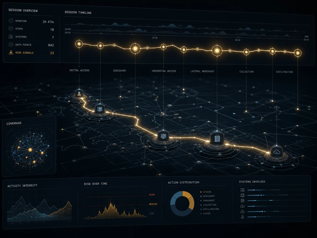 Glowing thread connecting nodes across a dark control-room style network, representing linked session activity over time