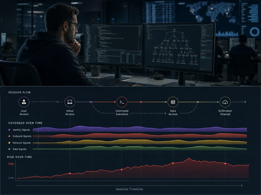 Security engineer reviewing dependency and schema details across multiple monitors in a dim operations center