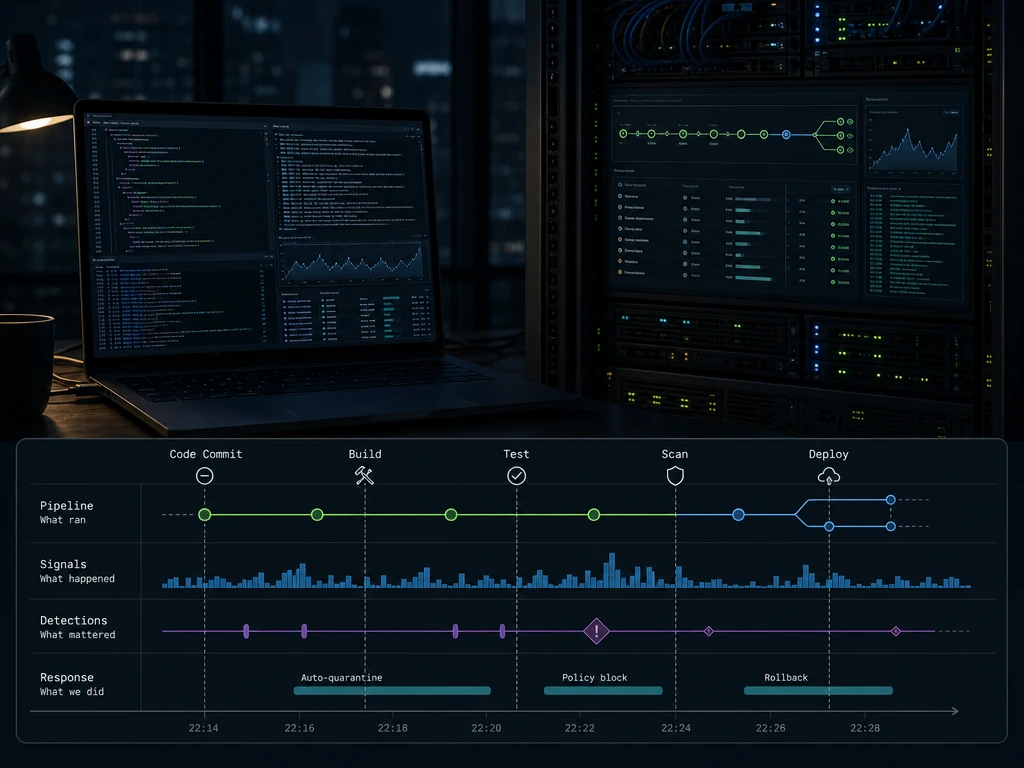 Developer laptop and CI runner terminals executing an AI coding agent session at night