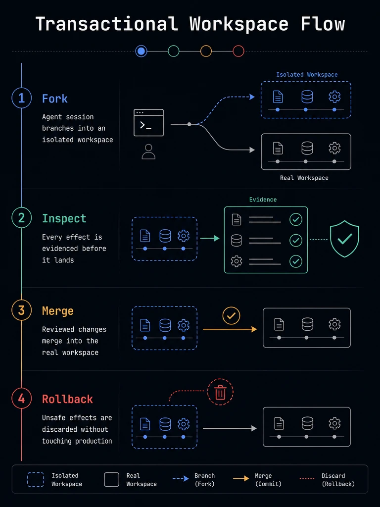 Infographic showing the live workspace fork flow of fork, inspect, merge, and rollback