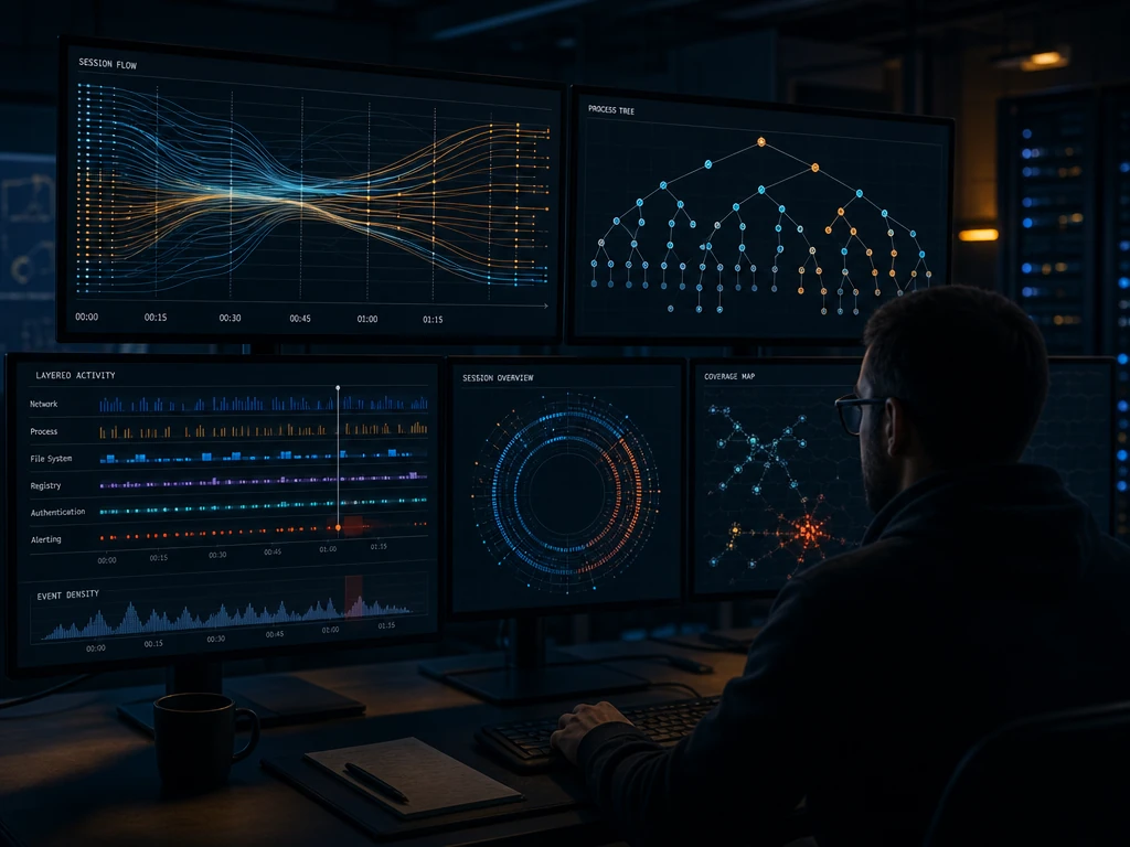 Security engineer monitoring agent session activity across multiple screens in a dim operations room