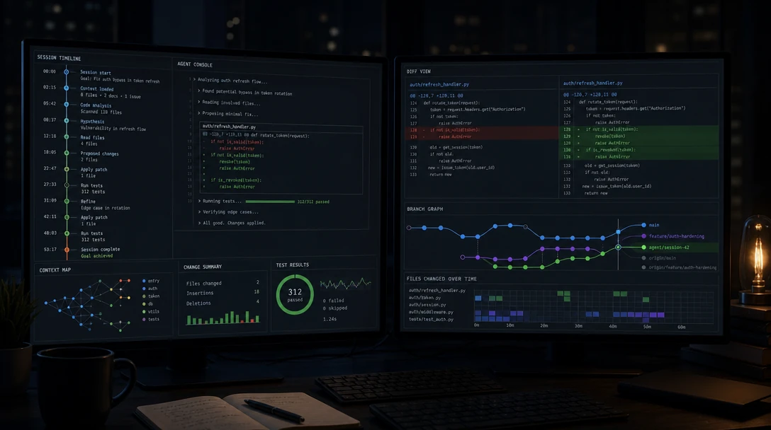 Developer workstation showing a coding agent session running across multiple terminal windows