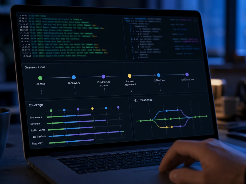 Close-up of a developer's laptop terminal showing an active coding agent session with layered log panes