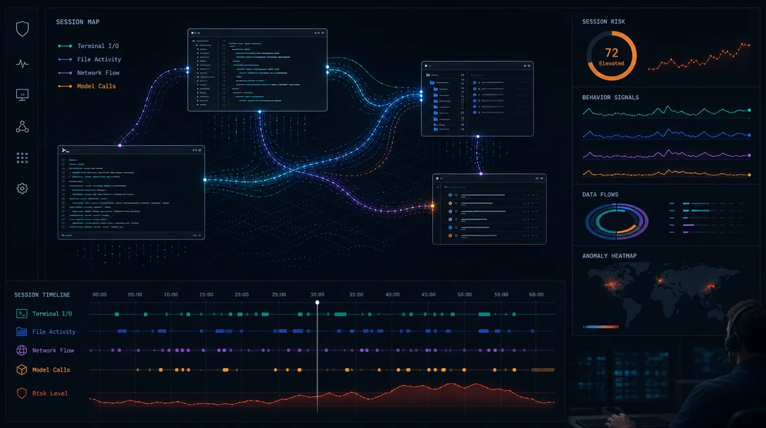 Runtime security benchmark concept showing monitored coding agent sessions in an enterprise environment