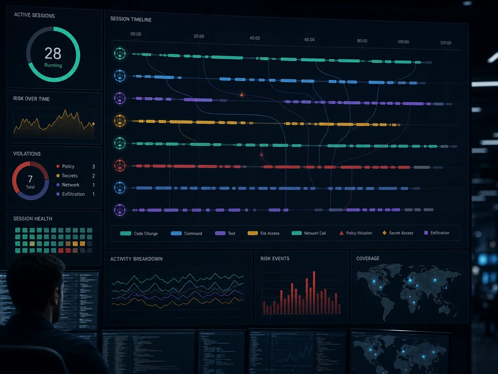 A security dashboard showing multiple parallel agent sessions being monitored over time, with connected timeline threads between sessions