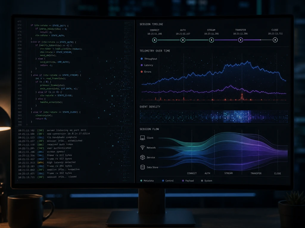 An engineer's monitor split between a running code terminal and a parallel telemetry stream showing timing measurements